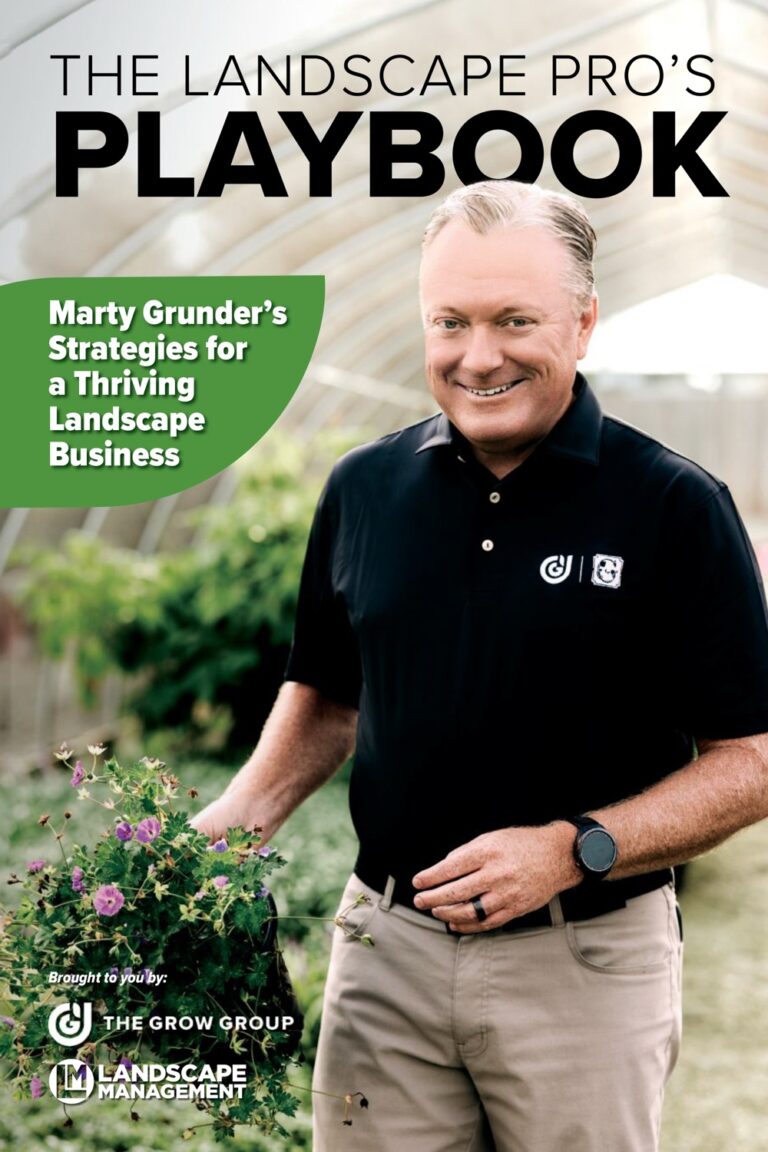Cover of The Landscape Pro's Playbook: Marty Grunder's Strategies for a Thriving Landscape Business, brought to you by The Grow Group and Landscape Management