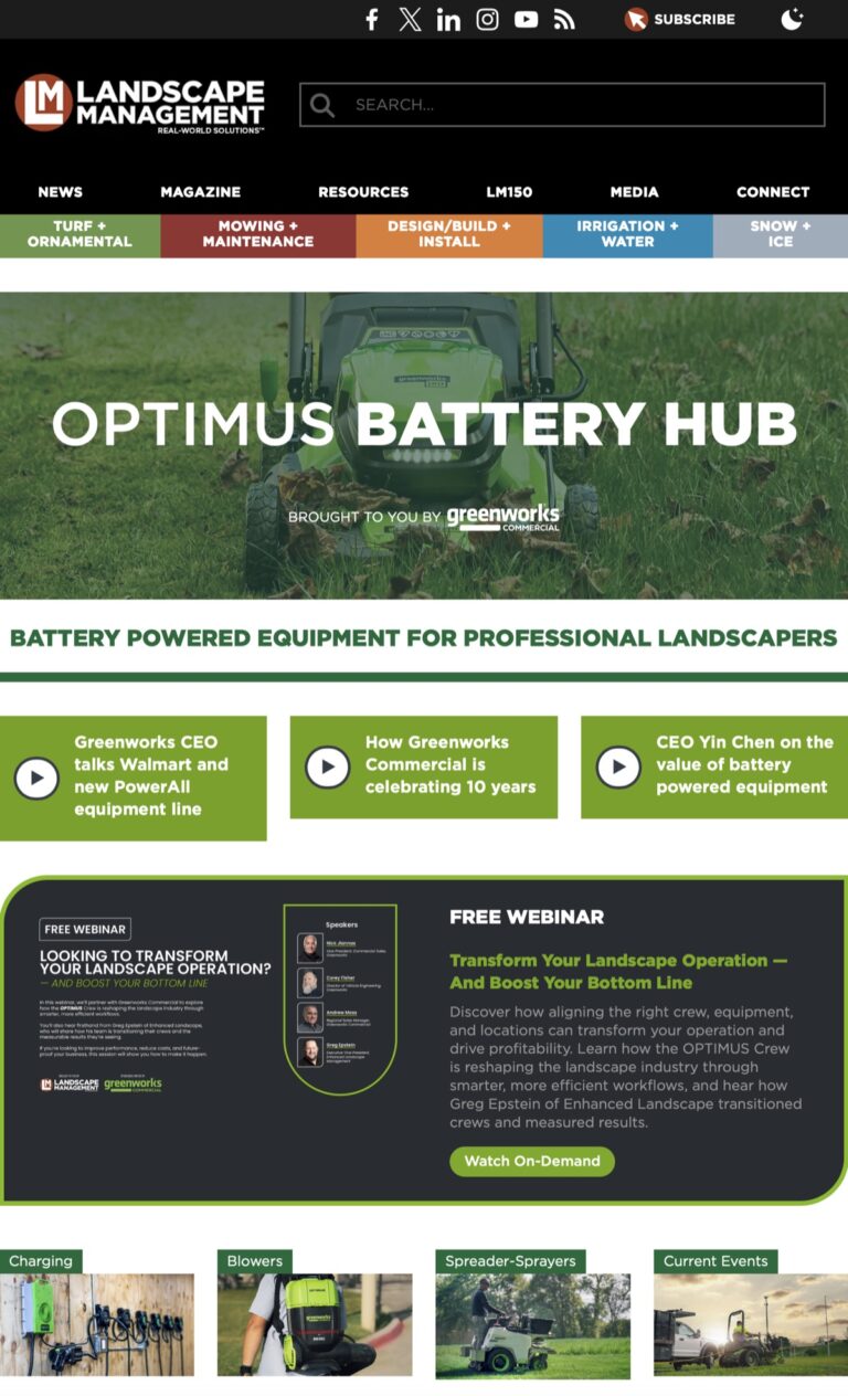 Example resource center: the Optimus Battery Hub on landscapemanagement.net, brought to you by Greenworks Commercial